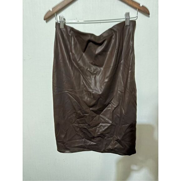 New Popilush Women's Size Large Brown Side Slit Knee length Faux Leather Skirt - Picture 5 of 5